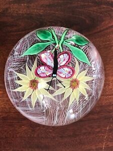 Vintage 1970 Baccarat Butterfly with two Flowers Glass Paperweight