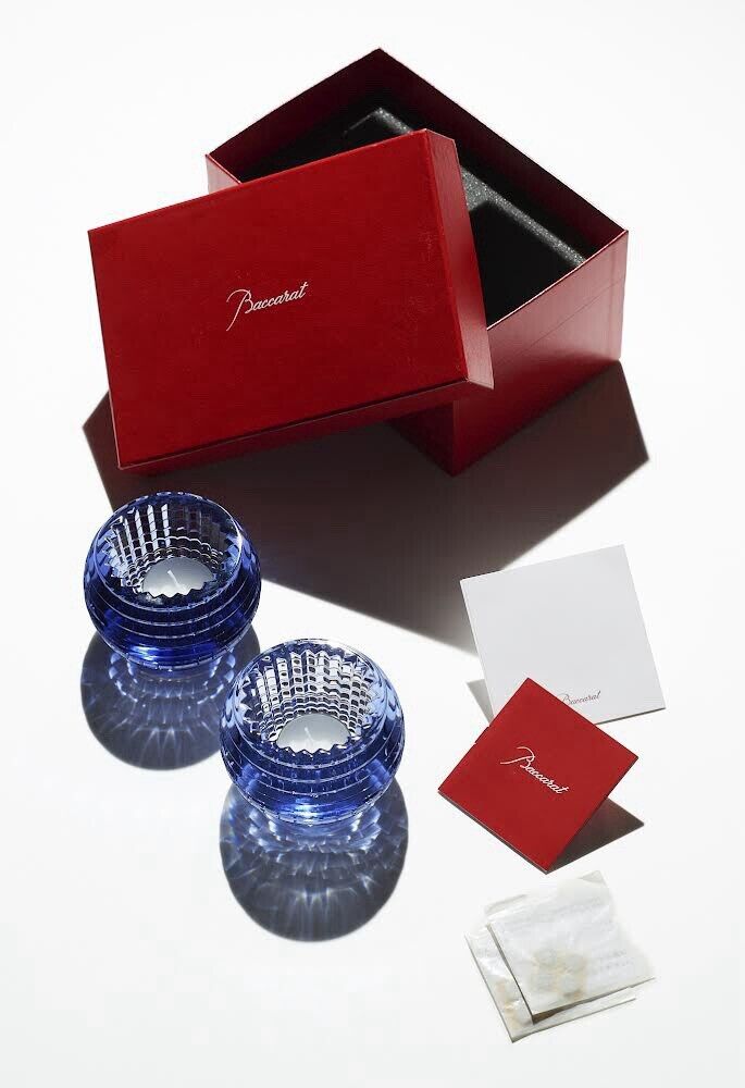 Pair Of NIB Baccarat Crystal Blue Eye Votive Tea Light Candleholders
