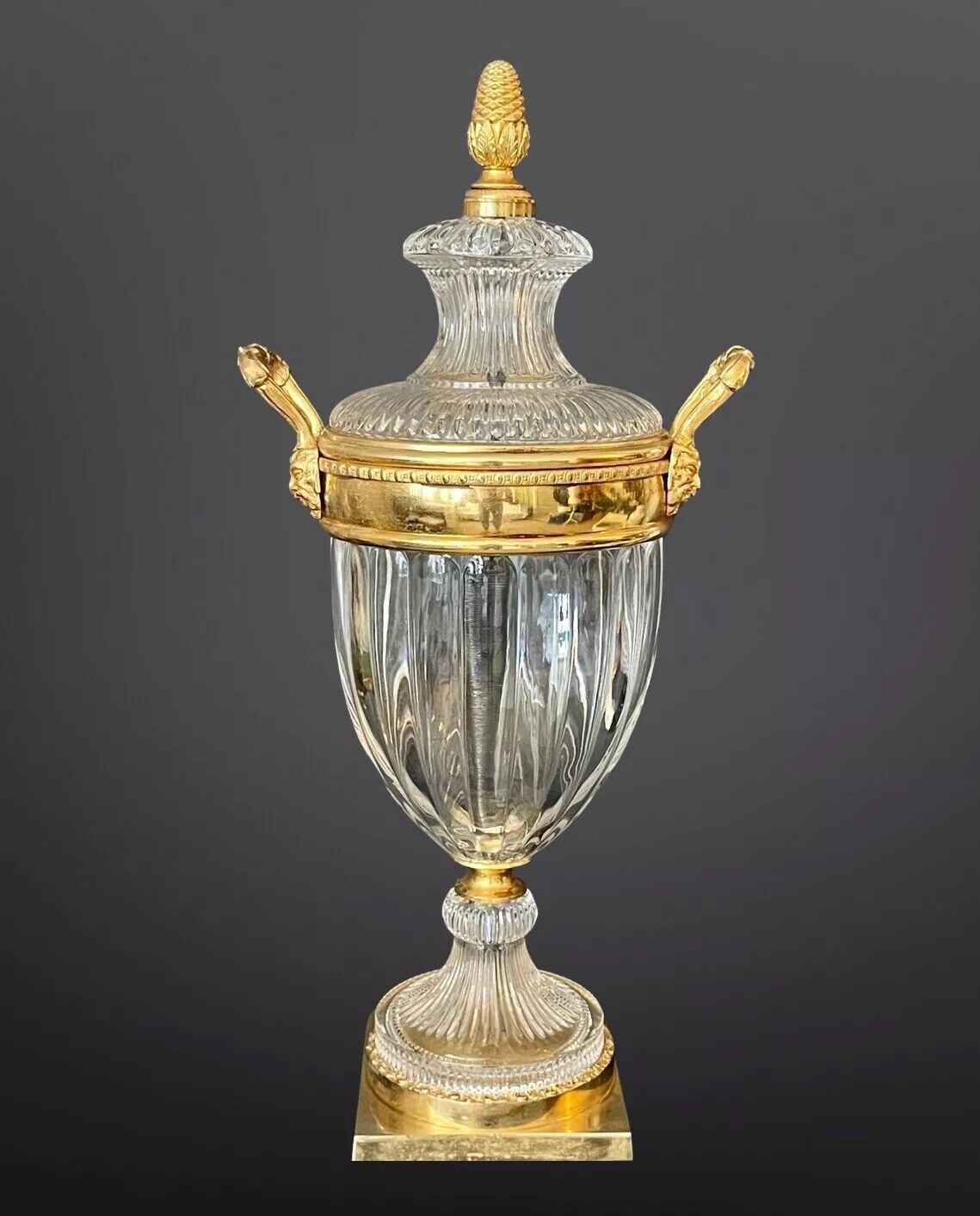 Large Baccarat Style Crystal Glass Urns Vase Empire Gilt Bronze 24”H