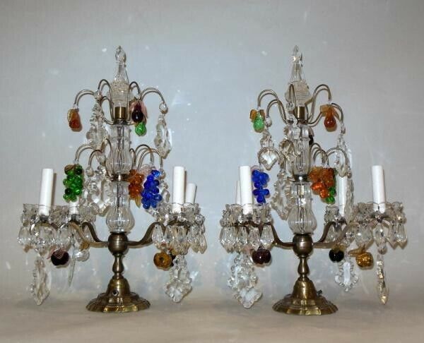 Antique PAIR LAMPS Girandoles CRYSTAL FRUIT Clusters PRISM FRANCE Baccarat Style