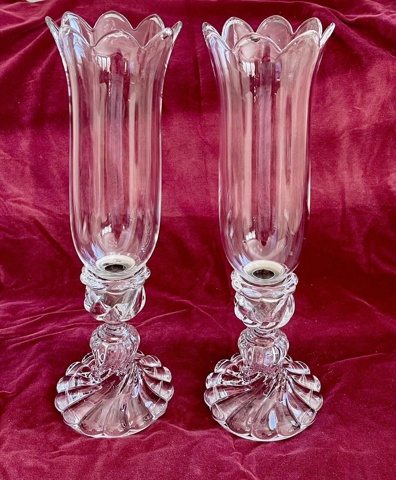 Pair of Baccarat Swirl French Crystal Bambous Hurricane Candle Holder Lamps