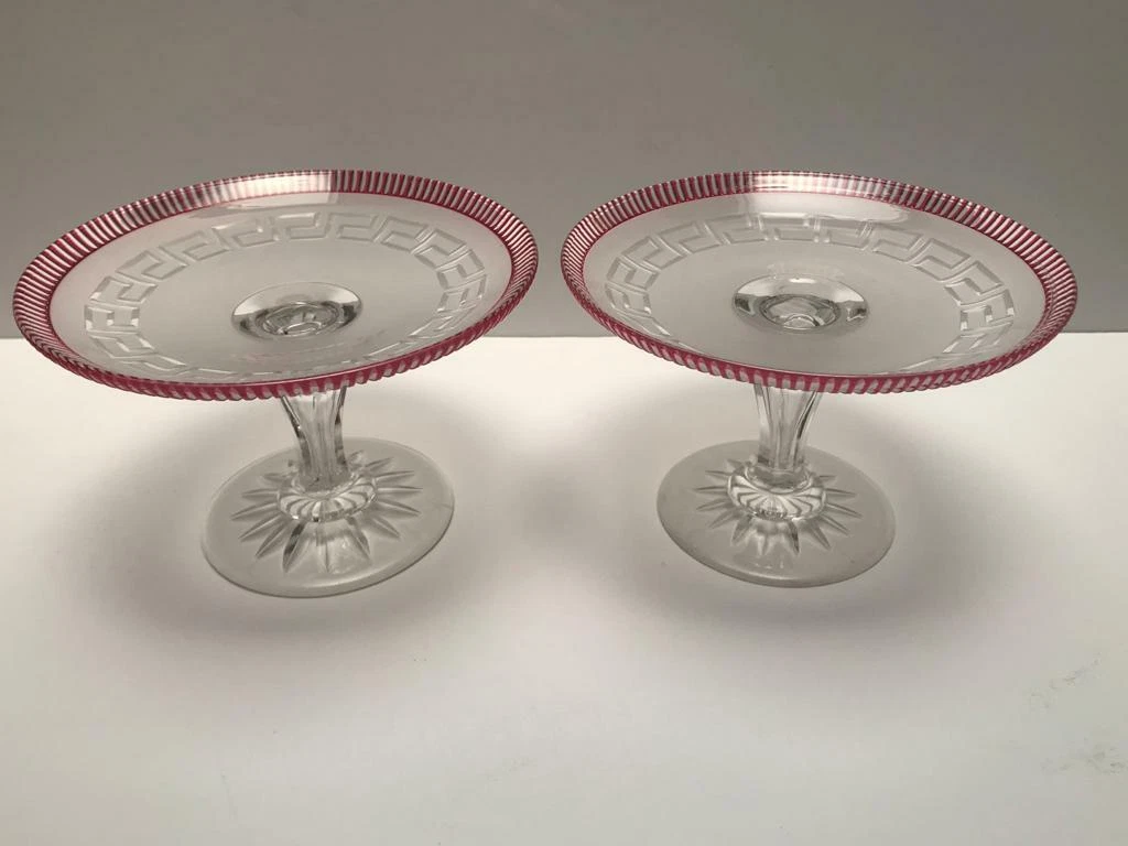 BACCARAT CRYSTAL RED CUT TO CLEAR TAZZA WITH ACID FROSTED DETAILS RARE