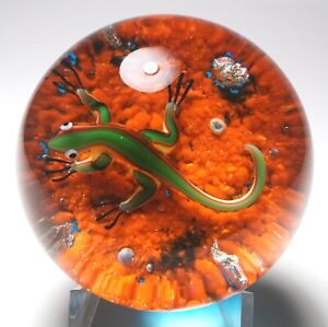 Baccarat 1972 Experimental Yellow Striped Lizard on Orange Ground Paperweight