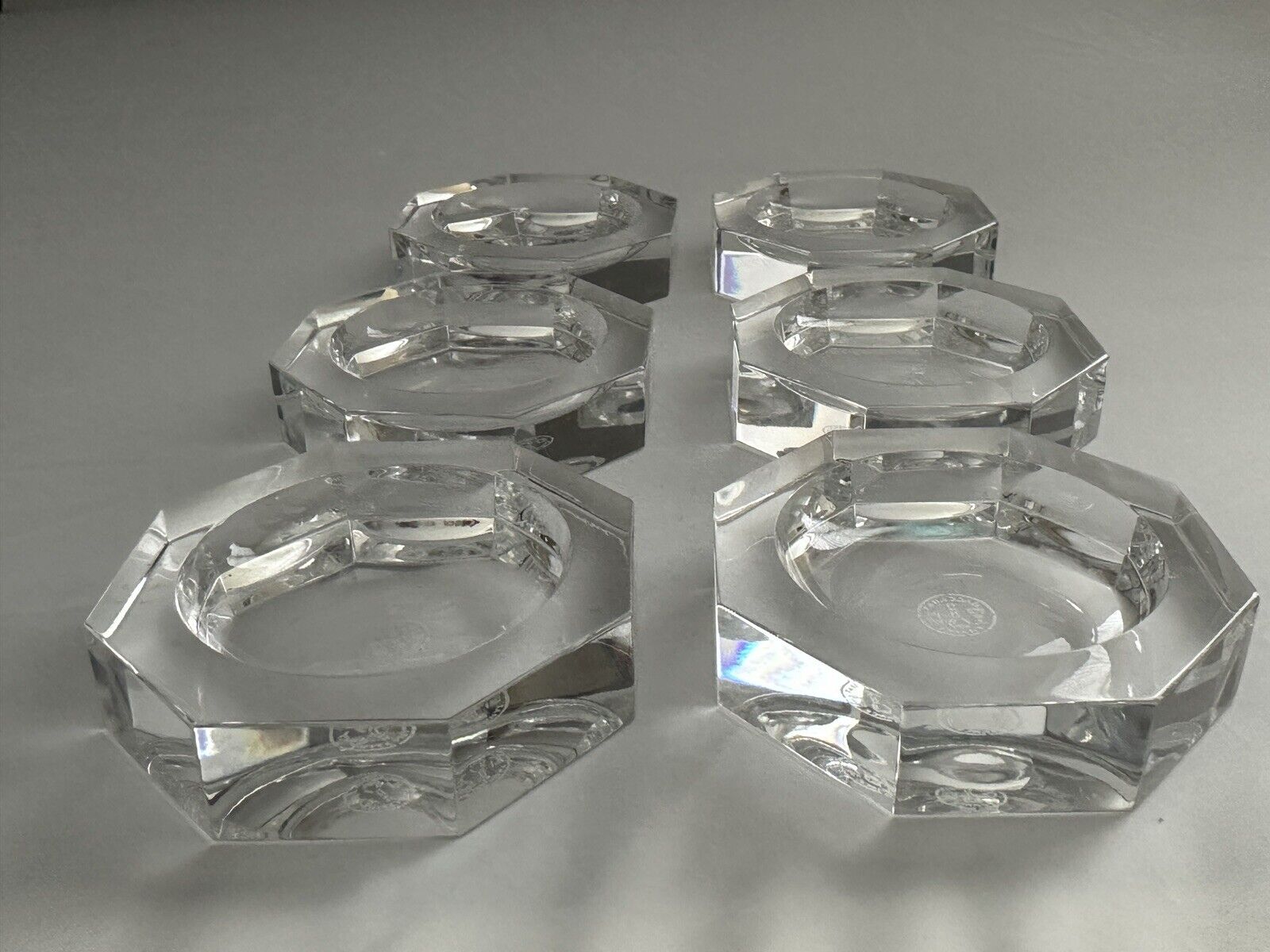 RARE! SET OF 6 BACCARAT CRYSTAL OCTAGONAL CAVIAR SALT DIP CELLARS BUTTER PATS