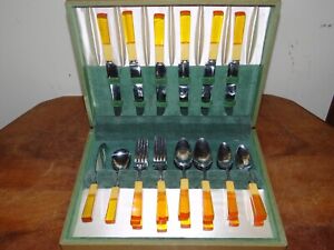 Vintage 26pc Butterscotch Bakelite Cardinal Stainless Silverware Original Case