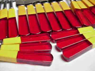 VINTAGE 2-TONE LAMINATED BAKELITE 24-pc FLATWARE SET KITCHEN UTENSILS RED/YELLOW