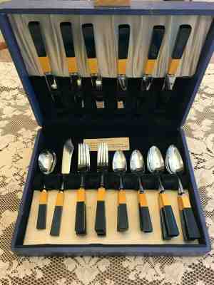Rare Maize and Blue Bakelite Stainless Steel Vintage Silverware, 26 pieces