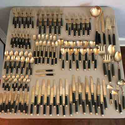 142 piece set Vintage Rosewood Bakelite Flatware Brass Siam brown Serving Pieces