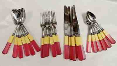 VINTAGE 2-TONE LAMINATED BAKELITE 24-pc FLATWARE SET KITCHEN UTENSILS RED/YELLOW