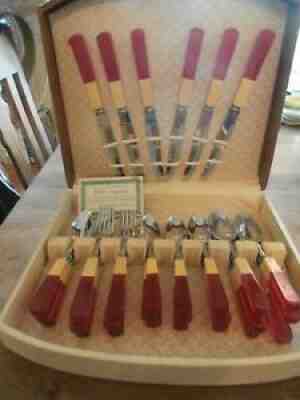 Bakelite Stainless Flatware Silverware Set Red and Butterscotch Original Box