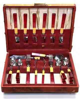 Butterscotch Bakelite Red Lucite Vintage Perma-Brite 26 Piece Flatware, Org Box