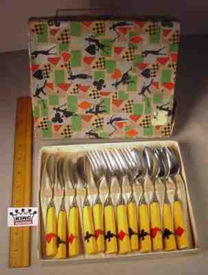 Vintage Art Deco Bakelite Silverware Card Suits 12 pc. set in original box MCM