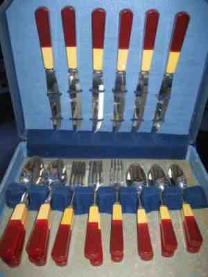 Exceptional Vintage Two Tone Art Deco Bakelite Catalin Flatware Silverware Set