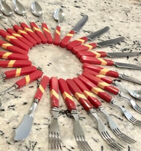 Antique Bakelite Catalin Red & Yellow Stripe Art Deco Flatware Set 26 pc  1930's