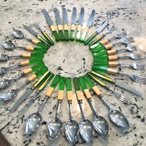 Bakelite Catalin Green Applejuice & Ivory Inlaid Flatware Set 32 pc 1930's