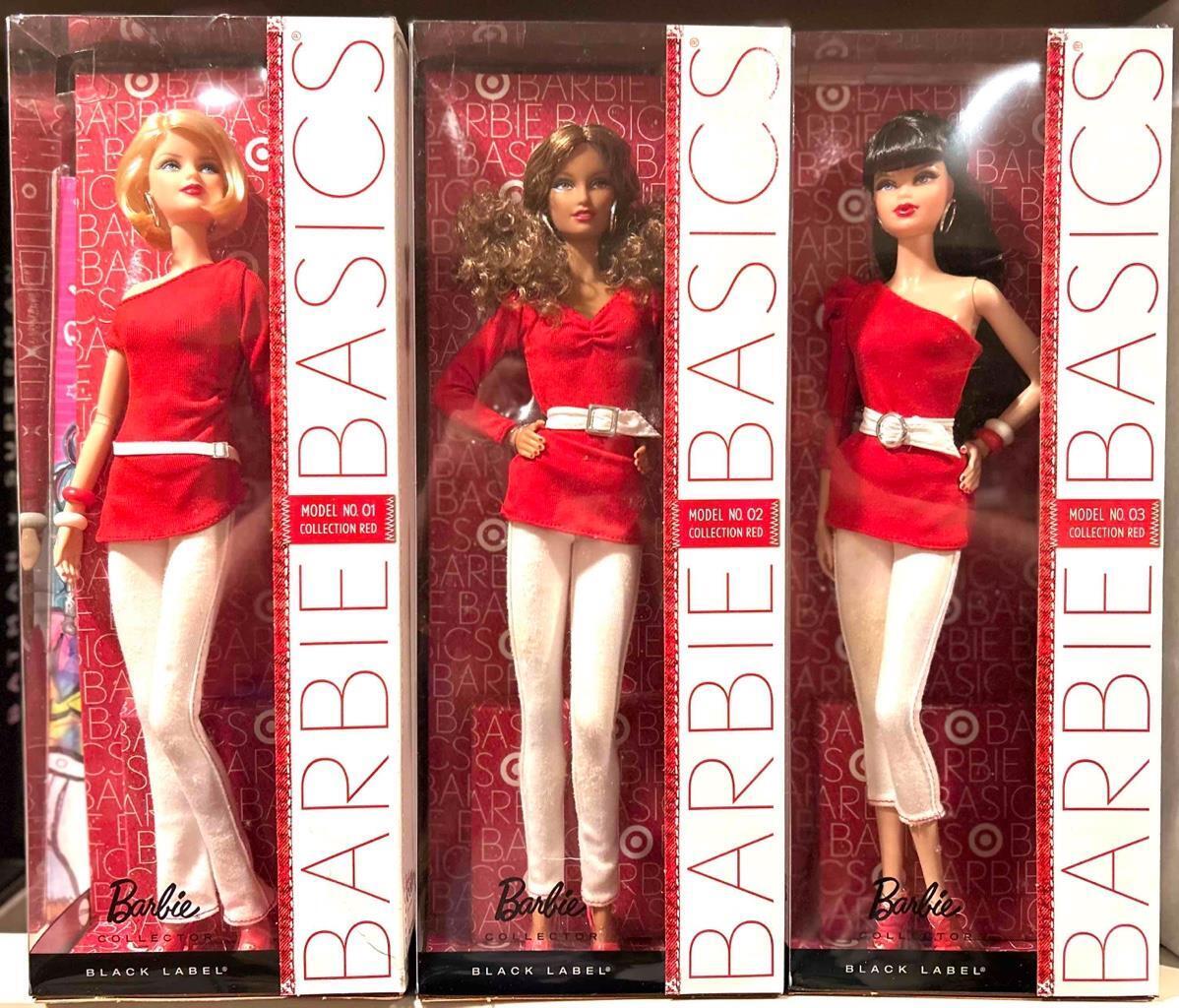 2011 Complete Set of 3 Target Barbie Basic Dolls~Red Collection Model Muse~NRFB