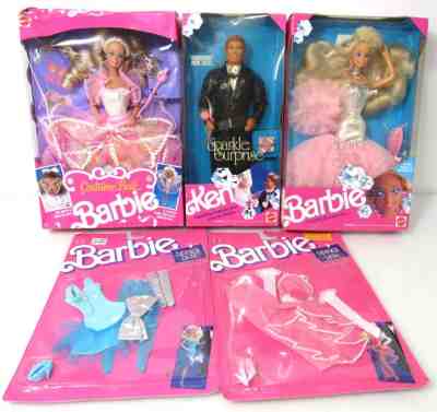 Lot of 1990 Vintage Mattel Barbie & Ken Formal Sparkle, Ball Dolls