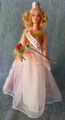 Vintage 1972 Quick Curl Miss America Barbie Doll #8697, with Gown and Red Cape