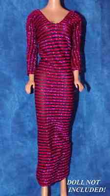 Vintage Barbie Superstar Era Black & Fuchsia Striped Glitter Maxi Dress
