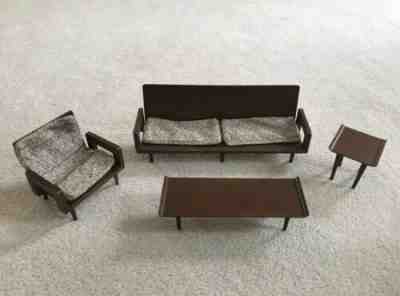MATTEL BARBIE MID-CENTURY WOODEN LIVING ROOM FURNITURE 4 PC. + CUSHIONS, JAPAN