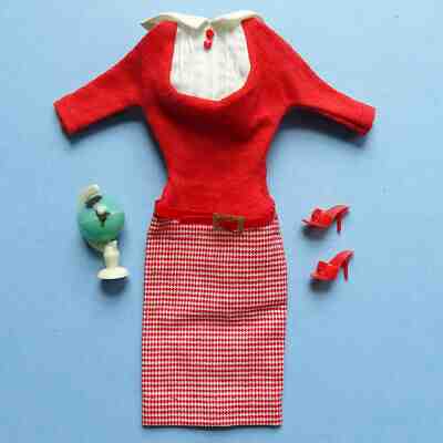 1965 Barbie Doll Student Teacher Outfit #1622 Red Dress Globe Heels Belt EC