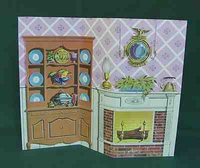 BARBIE DREAM HOUSE Retro LIVING DINING ROOM BACKDROP w FIREPLACE DIORAMA DISPLAY