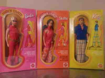 NRFB 1971 WALK LIVELY BARBIE & STEFFIE & KEN BEAUTIFUL MOD LOT OF 3 DOLLS LOOK!