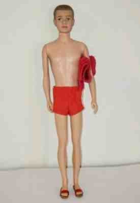 VINTAGE 1961 Mattel Ken Brownette Flocked Hair Barbie Doll & RARE Red Towel! 