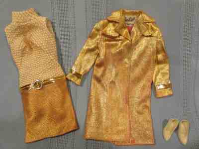 vintage Barbie outfit #1470 Intrigue 1967-1968 mod gold mini dress, coat, shoes