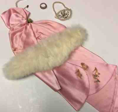 Barbie Pink Satin Strapless Dress W Fur Stole Pearls Purse Glitter Heels Look