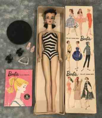 1959 VTG # One ORIGINAL BARBIE BRUNETTE PONYTAIL W/box, Stand, Shoes Excellent