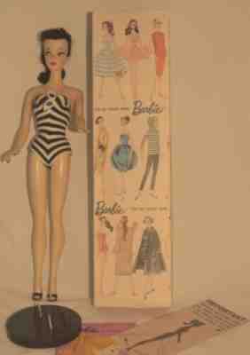 Vintage #1 Barbie Mattel Brunette Hair Brown with Tubed Feet in Box & Accessory