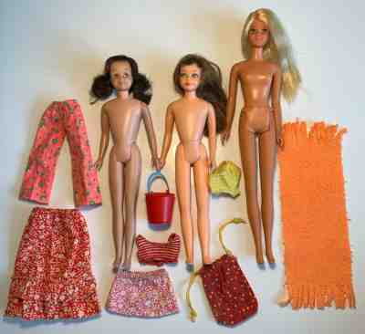 Vtg lot Barbie Dolls:Brunette Skooter 1040 & Skipper 1105 &Francie Sun Set 1068