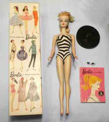 RARE VINTAGE 1959 #1 ORIGINAL BARBIE DOLL with BOX; SWIM SUIT; STAND; BOOK
