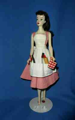 Vintage #3 Brunette Ponytail Barbie Wearing Apron W/ Utensils & Pink Dress