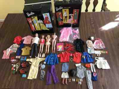 Vintage 1961 Barbie Black Cases With Dolls, Clothes And Accessories