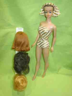 VINTAGE 1960's FASHION QUEEN Barbie DOLL in Swimsuit & Turban with WIGS on Stand