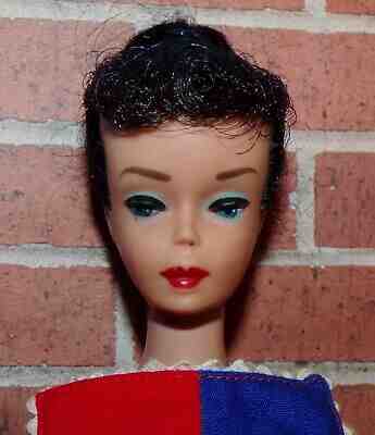 Vintage Dark Brunette Ponytail Barbie Doll Wearing #943 Fancy Free Dress + Shoes