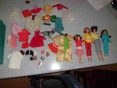 Lot of 1960 Barbie Dolls and Clothes and cases Mattel