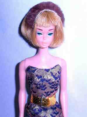 Vintage 1963 Barbie Midge Pak Gold Lame Navy Blue Sheath Dress Mint 