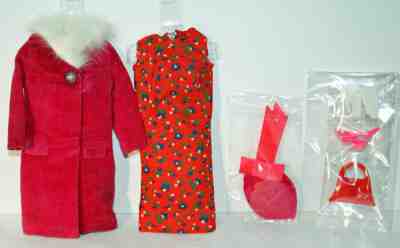 Vintage Barbie Japanese Fashion red flowered dress magenta velvet coat EC/NM!