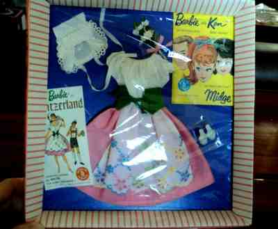 #0822  VINTAGE BARBIE  " BARBIE IN SWITZERLAND " OUTFIT MINT IN ORIGINAL FRAME !