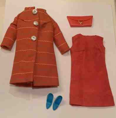 Japanese Exclusive Vintage  Barbie Striped  Coat And Red Silk Glamour  Dress Set