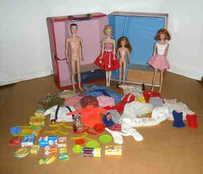 VINTAGE 1960'S MATTEL #3 BARBIE KEN MIDGE  SKIPPER DOLLS W/CLOTHES & CASE