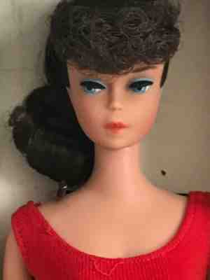 VINTAGE BARBIE #6 BRUNETTE  PONYTAIL ORIGINAL RED HELENCA SWIMSUIT.  BOX. STAND