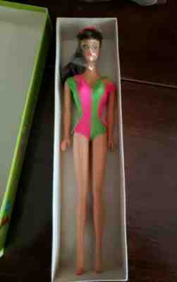 Vintage 1967 Barbie Doll With Original Box Pink And Green Bathing Suit- Brunette