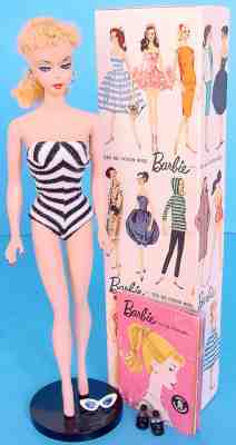 1959 BLONDE PONYTAIL #1 BARBIE w LOVELY HAIR & FACE! EVEN TONING! BOXED w STAND!