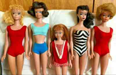 #3 Ponytail Barbies, Midge w/teeth, Bubblecut & Skipper Dolls, clothes & case 