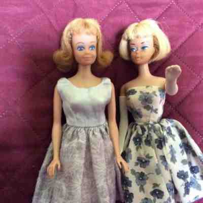 VINTAGE BARBIE AND MIDGE DOLLS, BLACK CASE, CLOTHES.