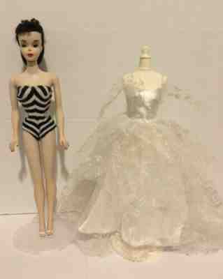 Vintage 1960 Brunette Ponytail Barbie #3 Black & White Bathing Suit+Wedding Day